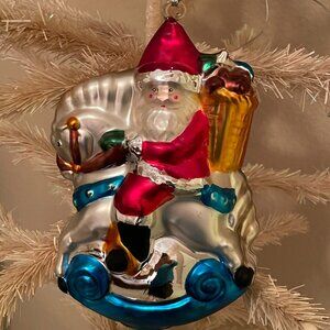 Vintage Department 56 Mercury Glass Rocking Horse Santa Holiday Ornament